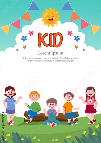 Cute children play outside. template for advertising brochures, ready for your text,  poster, background, website.Style of kids drawings.