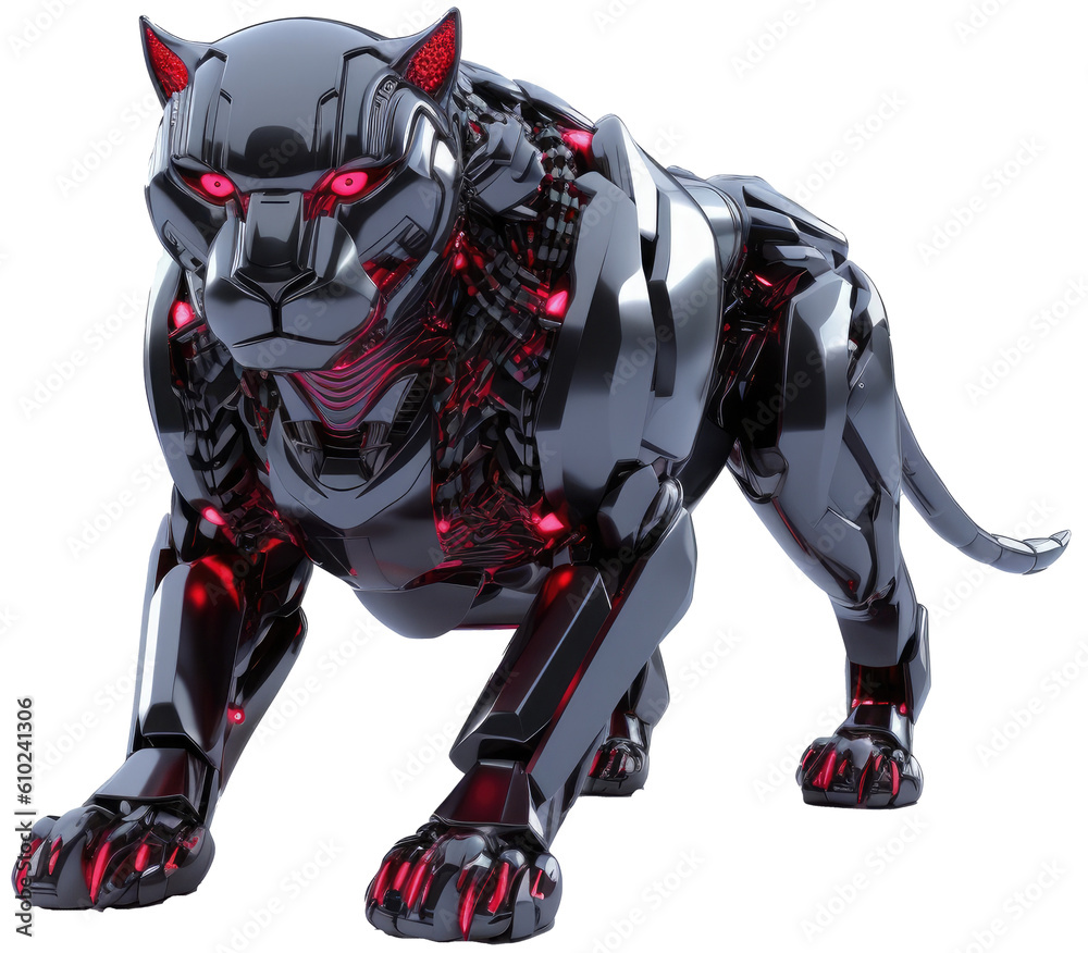 Robotic black panther with glowing red eyes as mechanical cyber animal isolated on a transparent background, generative AI technology Robotic black panther with glowing red eyes as mechanical cyber animal isolated on a transparent background, generative AI technology