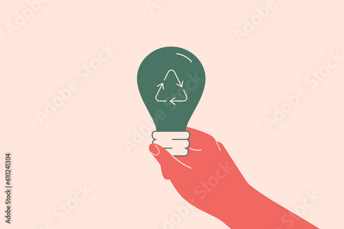 Human hand holds light bulb with recycling symbol. Recyclable electricity lamp and saving of energy concept. Eco friendly lifestyles and waste management. Vector illustration