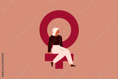 Confident woman sits on a big pink female symbol. Caucasian beautiful girl supports female community. Women's day greeting poster. Vector illustration
