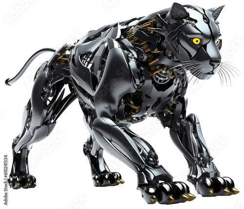 Robotic black panther as mechanical cyber animal isolated on a transparent background, generative AI technology © Flowal93