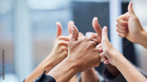 Thumbs up, diversity and closeup of hands of business people in the office for celebration. Success, achievement and zoom of group of professional employees with an approval hand gesture in workplace