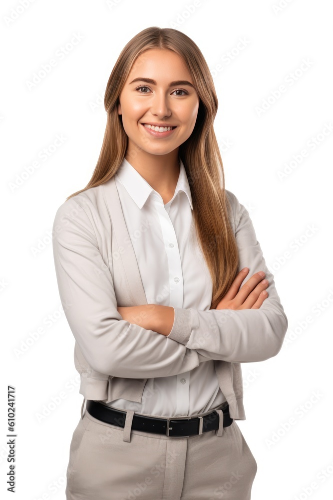 Smiling young caucasian businesswoman, successful, posing confidently with crossed arms for the camera. Generative AI Smiling young caucasian businesswoman, successful, posing confidently with crossed arms for the camera. Generative AI