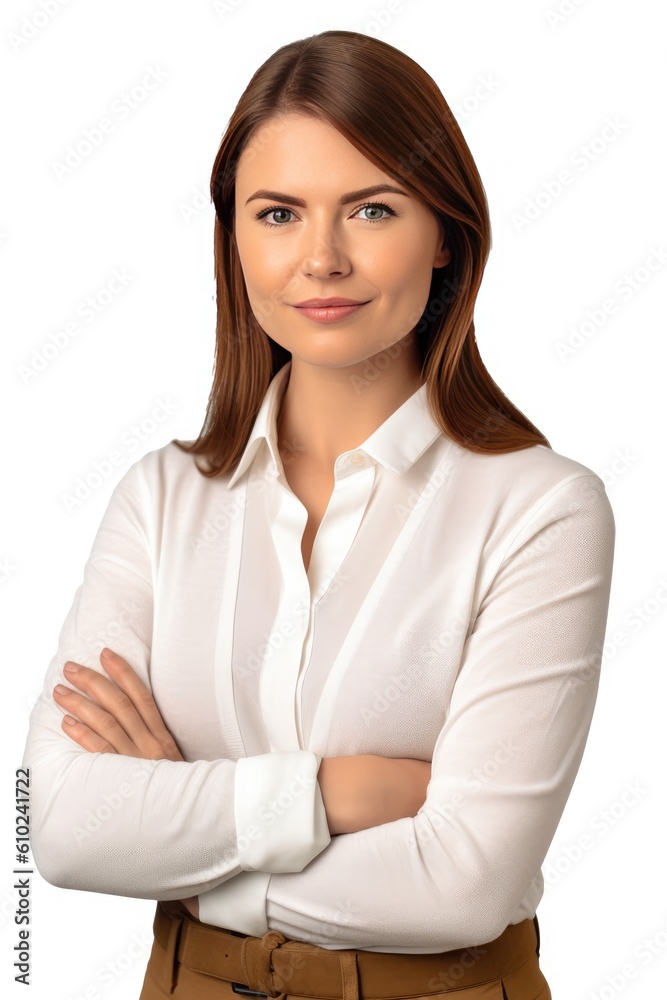 Smiling young caucasian businesswoman, successful, posing confidently with crossed arms for the camera. Generative AI Smiling young caucasian businesswoman, successful, posing confidently with crossed arms for the camera. Generative AI