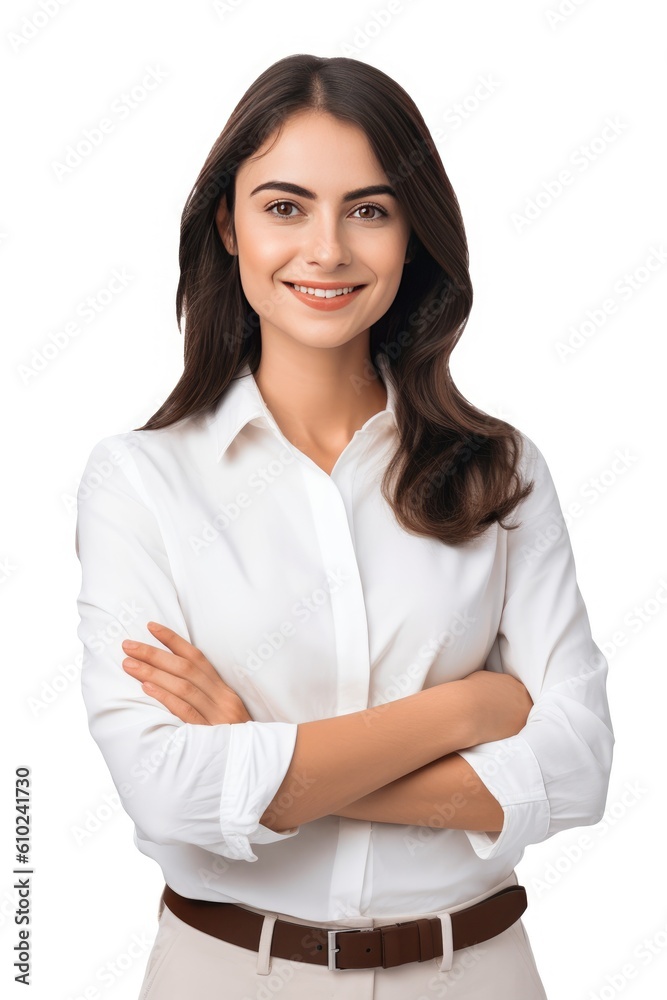 Smiling young caucasian businesswoman, successful, posing confidently with crossed arms for the camera. Generative AI Smiling young caucasian businesswoman, successful, posing confidently with crossed arms for the camera. Generative AI