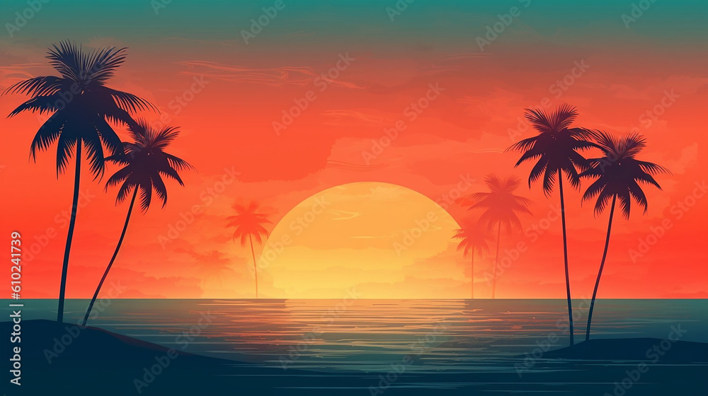 generative AI image of an illustration of a beautiful sunset in a exotic landscape about summer holidays 
