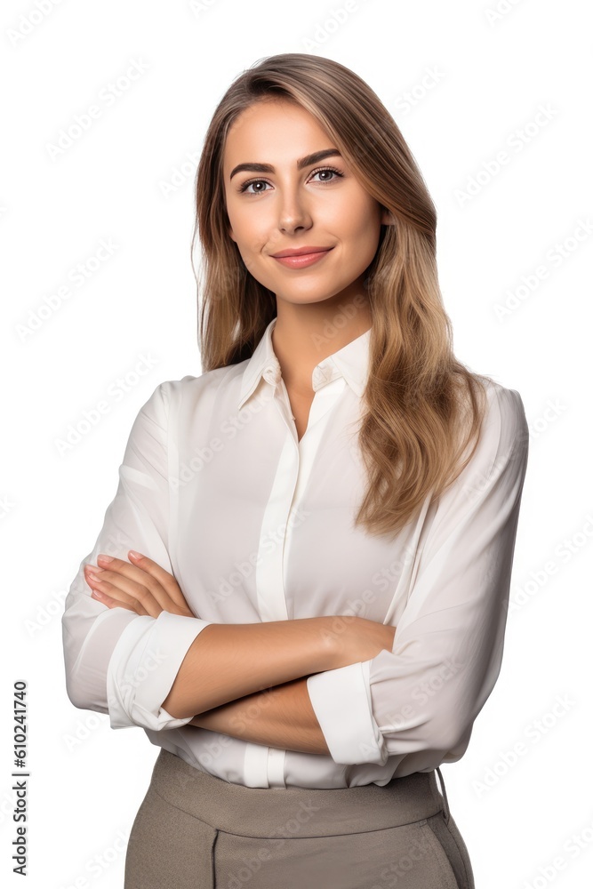 Smiling young caucasian businesswoman, successful, posing confidently with crossed arms for the camera. Generative AI Smiling young caucasian businesswoman, successful, posing confidently with crossed arms for the camera. Generative AI