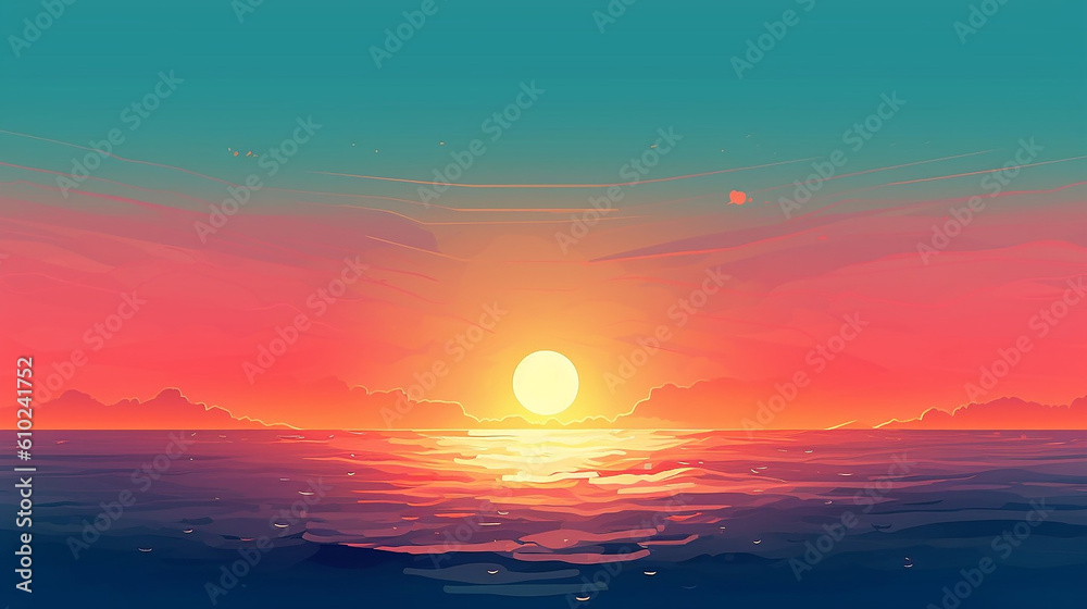 generative AI image of an illustration of a beautiful sunset in a exotic landscape about summer holidays 