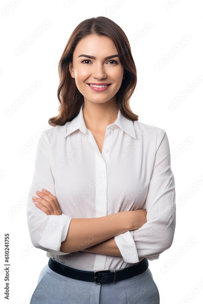Smiling young caucasian businesswoman, successful, posing confidently with crossed arms for the camera. Generative AI Smiling young caucasian businesswoman, successful, posing confidently with crossed arms for the camera. Generative AI