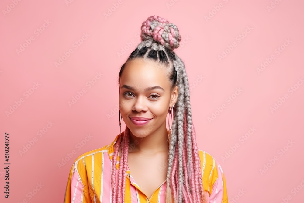 Pretty Afro-American woman with colorful braids on a color background. Generative AI Pretty Afro-American woman with colorful braids on a color background. Generative AI