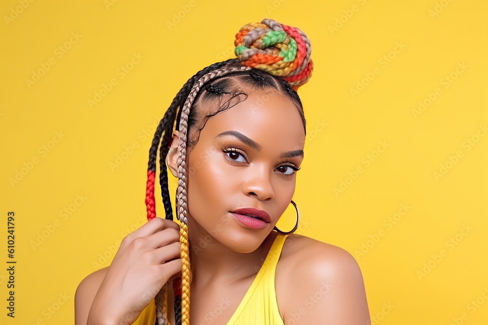 Pretty Afro-American woman with colorful braids on a color background. Generative AI Pretty Afro-American woman with colorful braids on a color background. Generative AI