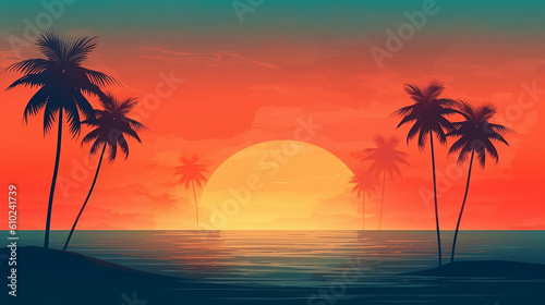 generative AI image of an illustration of a beautiful sunset in a exotic landscape about summer holidays  © nanihta