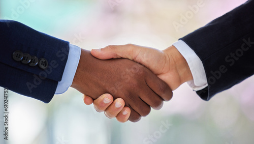 Handshake, partnership and contract with closeup of business people for welcome, thank you and deal. Teamwork, hiring and meeting with employees shaking hands for interview, networking and promotion