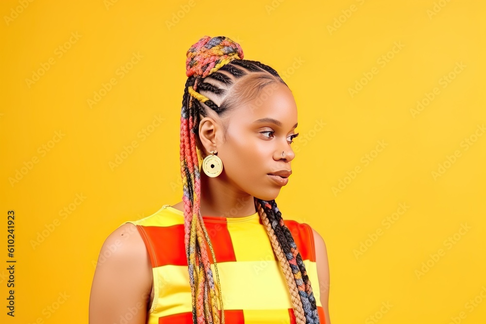 Fototapeta premium Pretty Afro-American woman with colorful braids on a color background. Generative AI
