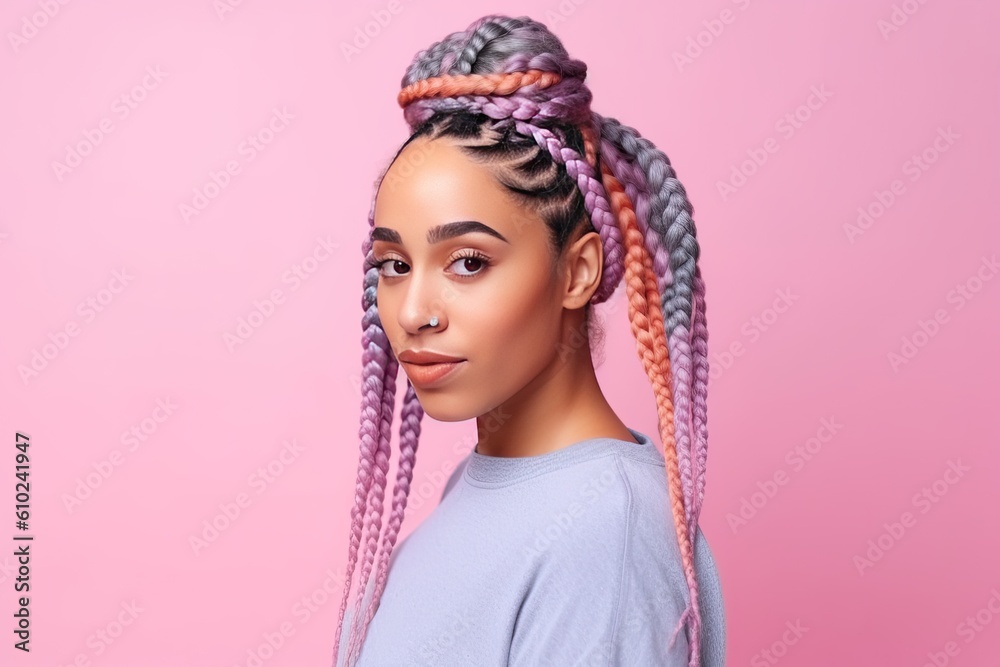Pretty Afro-American woman with colorful braids on a color background. Generative AI Pretty Afro-American woman with colorful braids on a color background. Generative AI