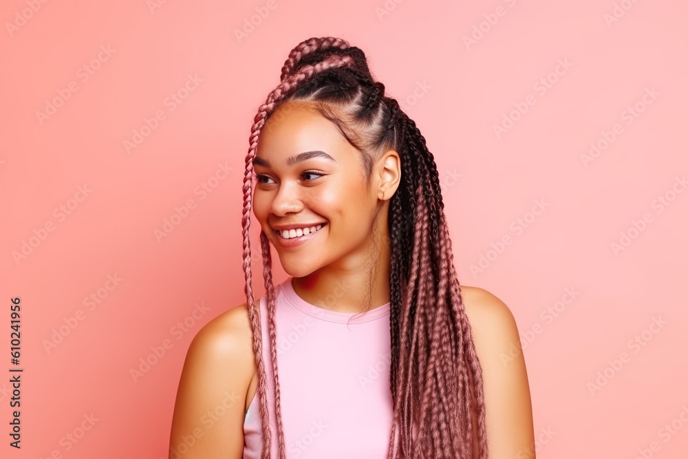 Pretty Afro-American woman with colorful braids on a color background. Generative AI Pretty Afro-American woman with colorful braids on a color background. Generative AI