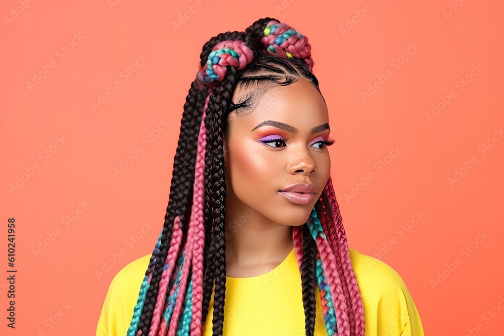 Pretty Afro-American woman with colorful braids on a color background. Generative AI Pretty Afro-American woman with colorful braids on a color background. Generative AI
