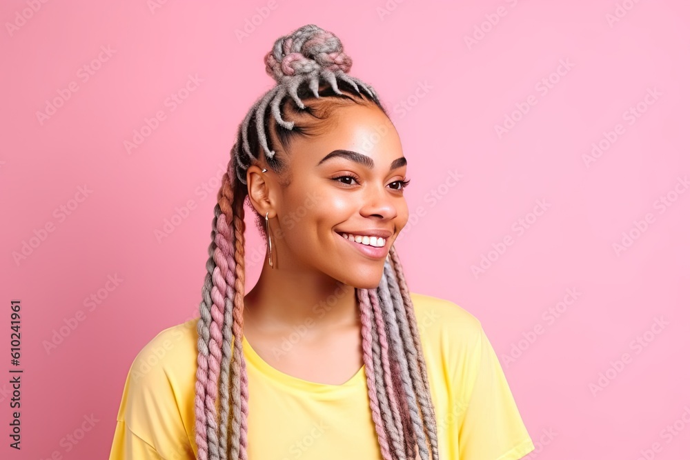 Pretty Afro-American woman with colorful braids on a color background. Generative AI Pretty Afro-American woman with colorful braids on a color background. Generative AI