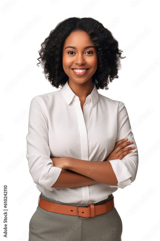 Smiling young African American businesswoman, successful, posing confidently with crossed arms for the camera. Generative AI