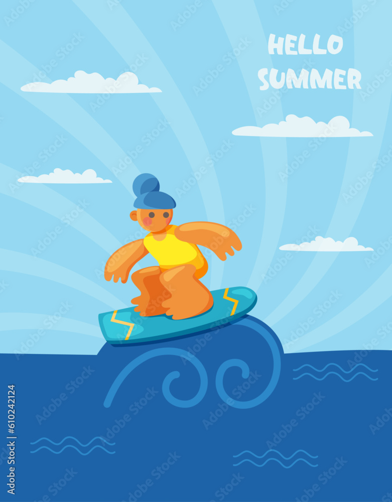  Surfing  cartoon girl character, Hello summer illustration. Hand drawn surfer  standing on board in wave. Vector