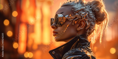 crazy female cyborg portrait, dystopian fashion woman, fictional person created with generative ai