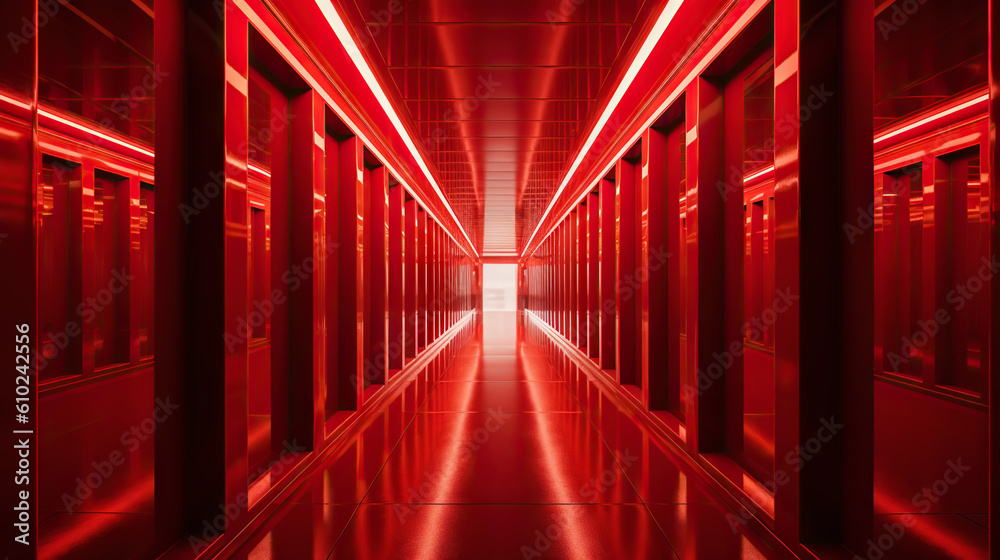 Red abstract futuristic tunnel with neon lines. Generative AI Red abstract futuristic tunnel with neon lines. Generative AI