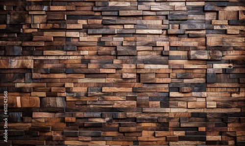 Wood Tiles arranged to create a Rectangular Wall. 3D Render Bricks. Natural Background formed from Timber Blocks.