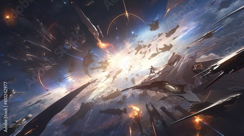 Print op canvas A dramatic space battle scene with multiple starships engaged in a dogfight gene