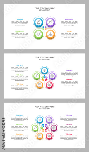 Set of Editable Infographic with 4, 5, and 6 Steps with 16:9 Layout for Business Presentations, Planning, Management, and Evaluation.