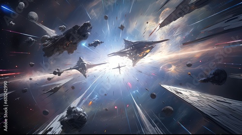 Fotografia, Obraz A dramatic space battle scene with multiple starships engaged in a dogfight gene