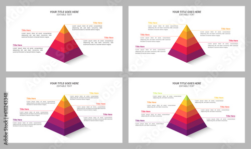 Editable Pyramid Infographic from with 4, 5, 6, and 7 Steps with 16:9 Layout for Business Presentations, Planning, Management, and Evaluation.