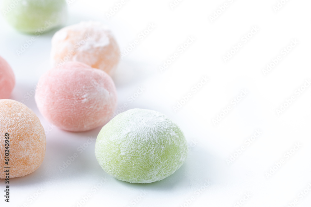 Japanese colorful mochi isolated on white background Japanese colorful mochi isolated on white background