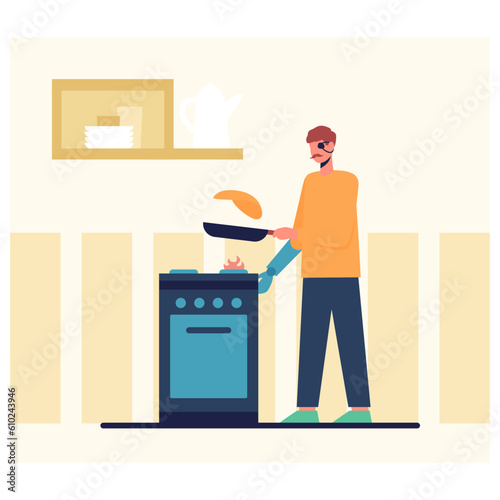 Disabled person with prosthetic arm and visual impairment cooking pancakes at home. Daily life of young man with special needs concept. Flat vector illustration in warm colors