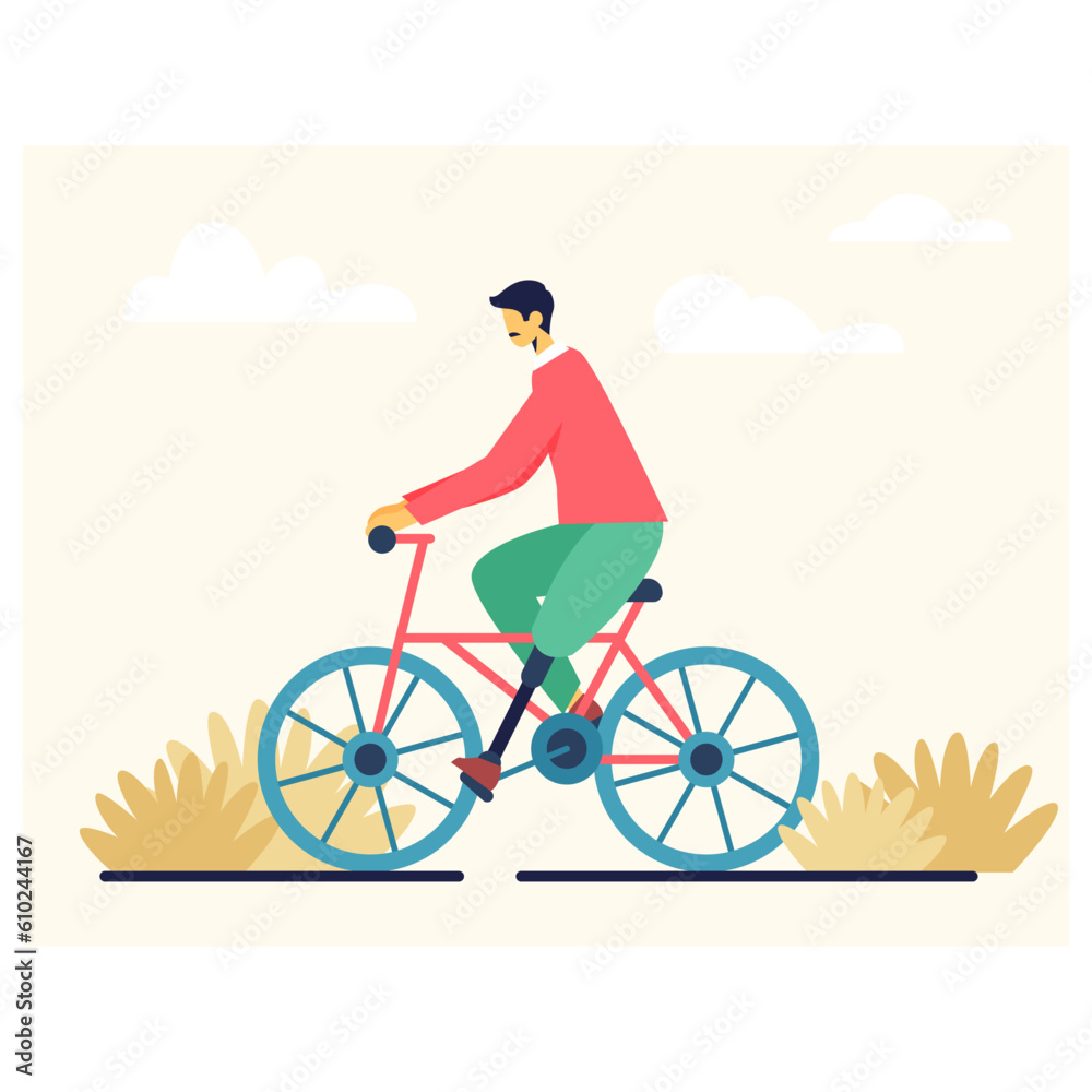 Young sporty man riding bike. Active life position and healthy lifestyle concept. Disabled person with prosthetic leg doing sport, spending time outside. Flat vector illustration