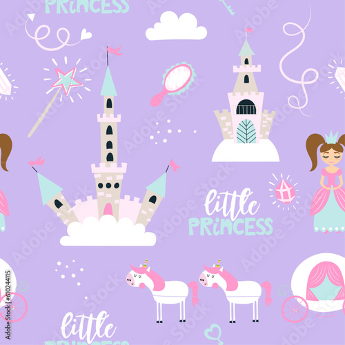 Little princess - funny doodle, seamless pattern. Castle, unicorn, hearts, fashion elements. Cartoon background, texture for bedsheets, pajamas, wrapping papers.