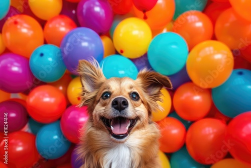 Multi-colored balloons and funny dog, puppy, kitty. Holiday. Birthday. Gift © Marat
