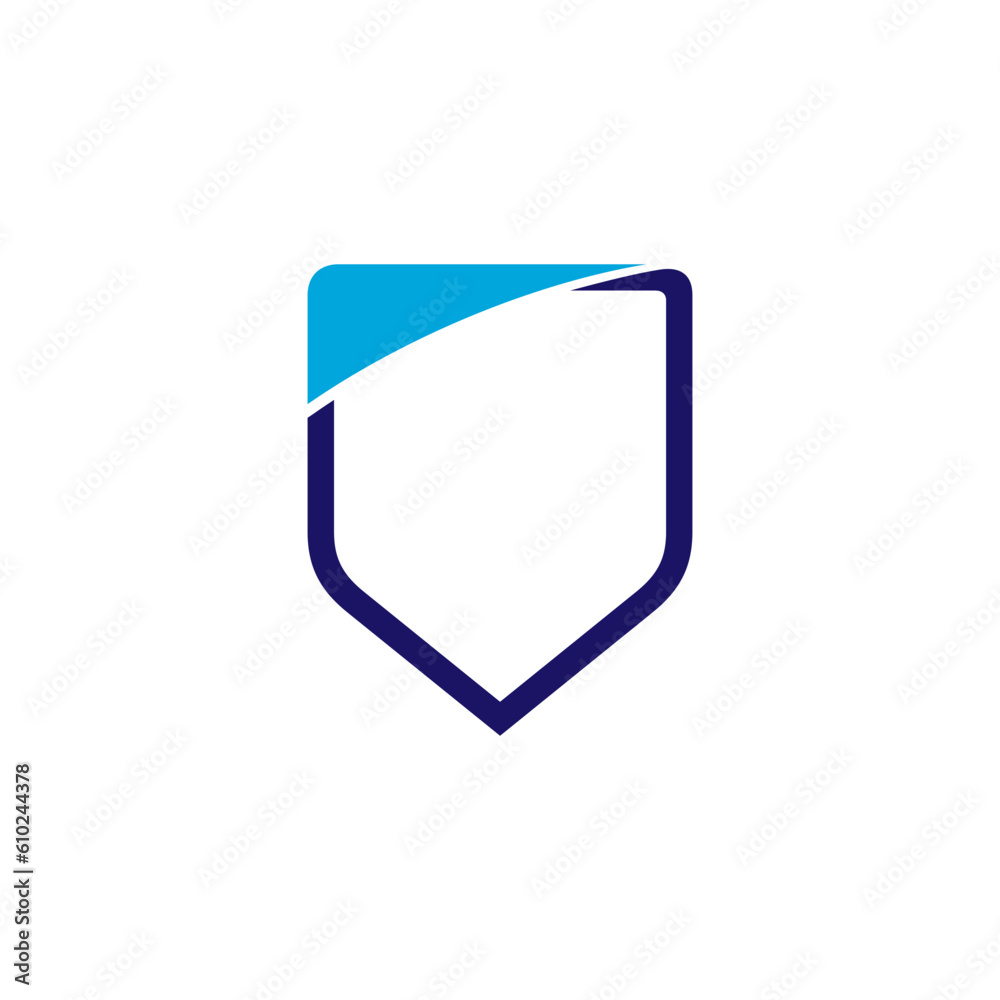 Minimalist shield logo design template with blue swoosh shape decoration Minimalist shield logo design template with blue swoosh shape decoration