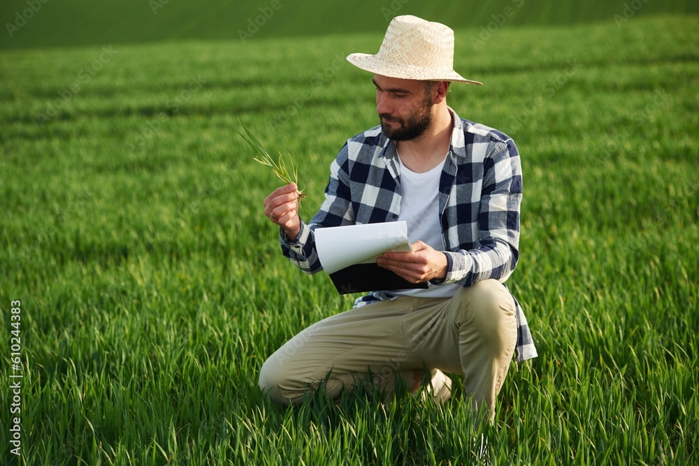In straw hat. Holding wheat and notepad. Handsome young man is on agricultural field