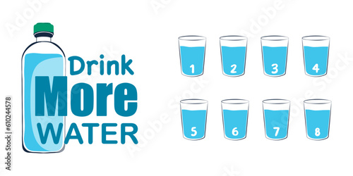 Drink more water. Water balance tracker. Organizer and water check list.