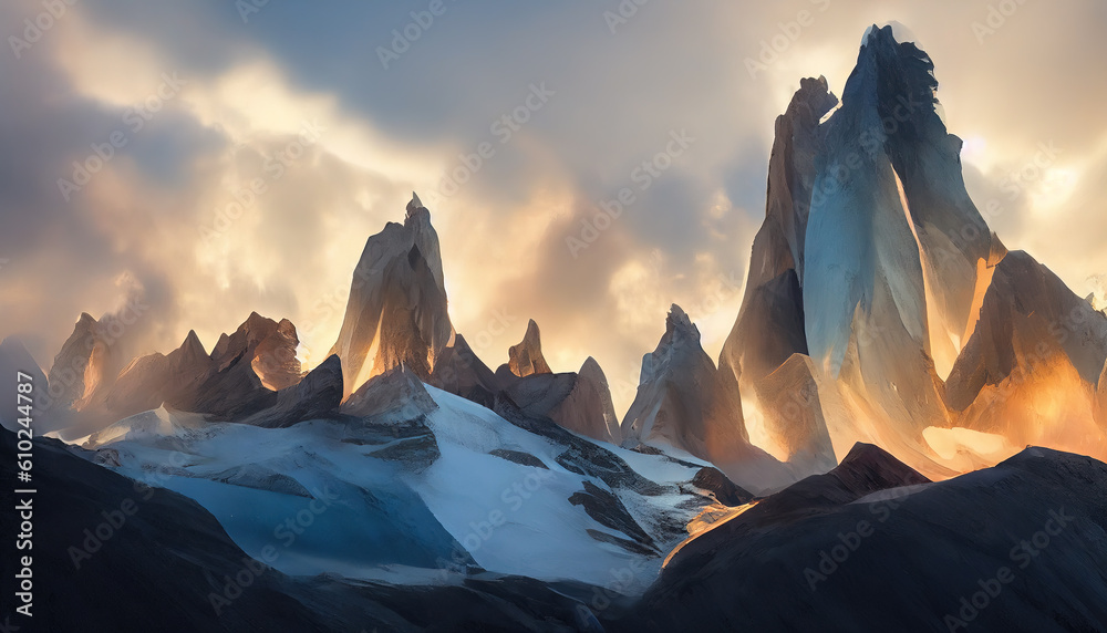 The magnificent serro torre's snowcapped pinnacles. Awe-inspiring peaks, resembling icy splinters, reaching for the sky. AI-generated