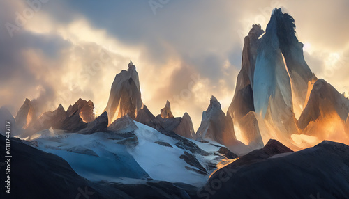 The magnificent serro torre's snowcapped pinnacles. Awe-inspiring peaks, resembling icy splinters, reaching for the sky. AI-generated photo
