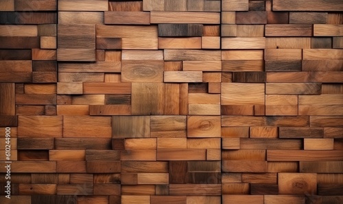 Wood Tiles arranged to create a Rectangular Wall. 3D Render Bricks. Natural Background formed from Timber Blocks.