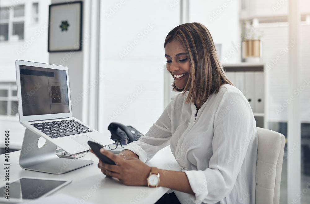 Phone, typing and business woman with happy communication, online news or job networking at her office desk. Planning, working and young person on mobile app, chat or feedback for career opportunity Phone, typing and business woman with happy communication, online news or job networking at her office desk. Planning, working and young person on mobile app, chat or feedback for career opportunity