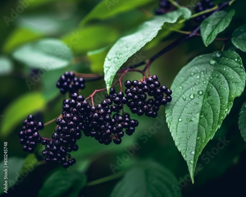 elderberries on a branch with lush green leaves