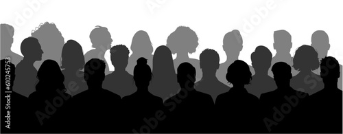 Crowd of people in auditorium, vector silhouette. Audience cinema, theater