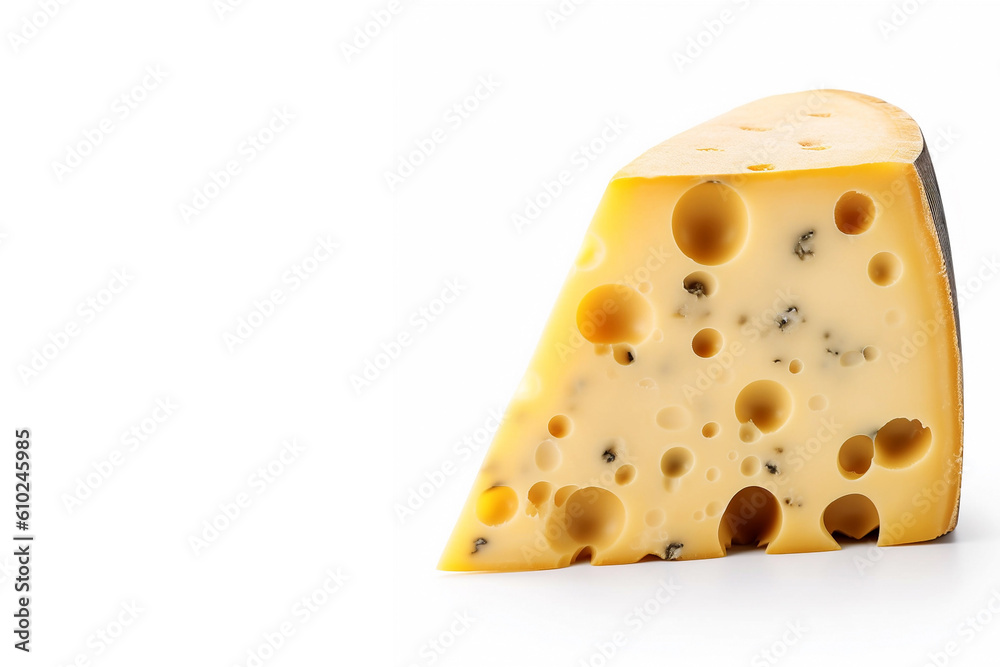 Yellow maasdam cheese with holes on a white background, Generative AI, generative artificial intelligence