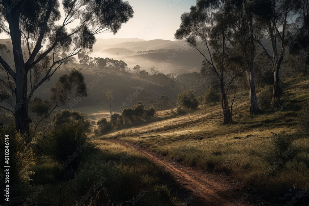 eucalyptus valley, cinematic view, Generative AI