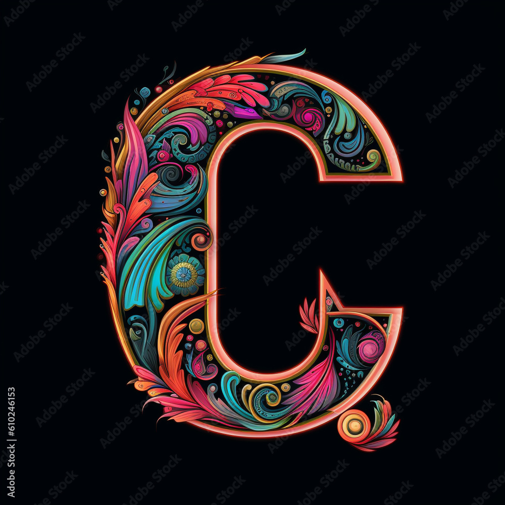 Generative ai. Capital letter C neon color on black background Stock ...