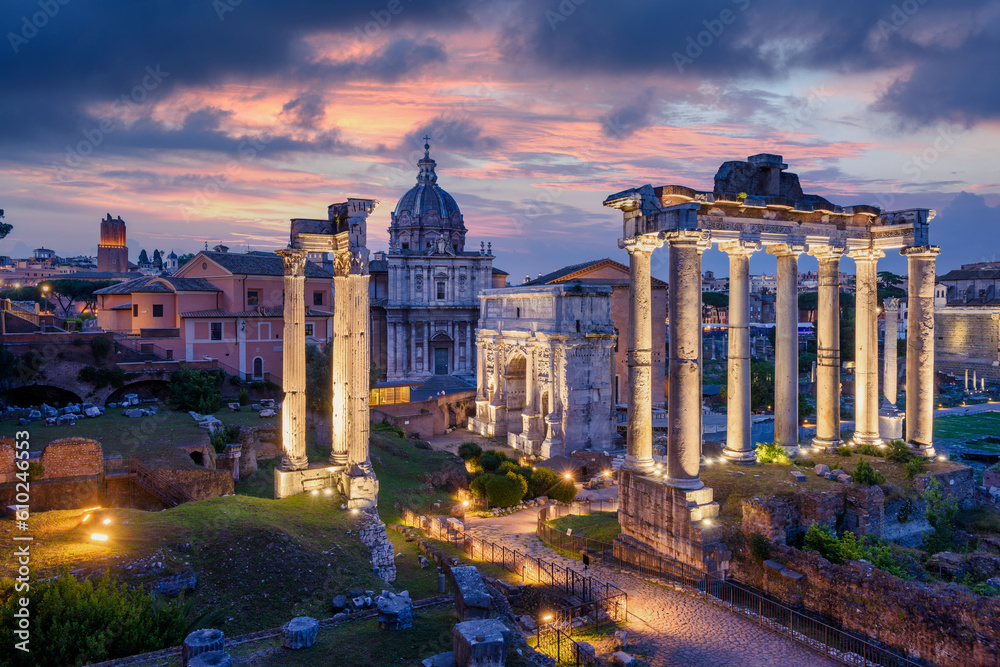 Roman Forum ruins in Rome city on sunset, Italy