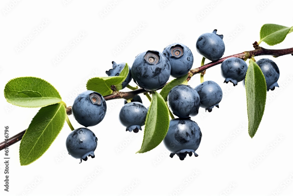 small and slimm blueberries tree branch with green leaves nature on air white background generative AI small and slimm blueberries tree branch with green leaves nature on air white background generative AI